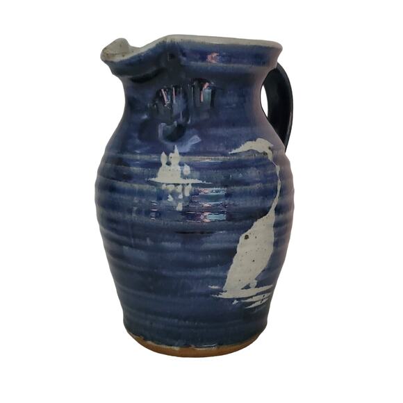 Blue White Stoneware Pitcher Pottery Jug Handmade Signed Bamboo Ewer 8" - Picture 4 of 9